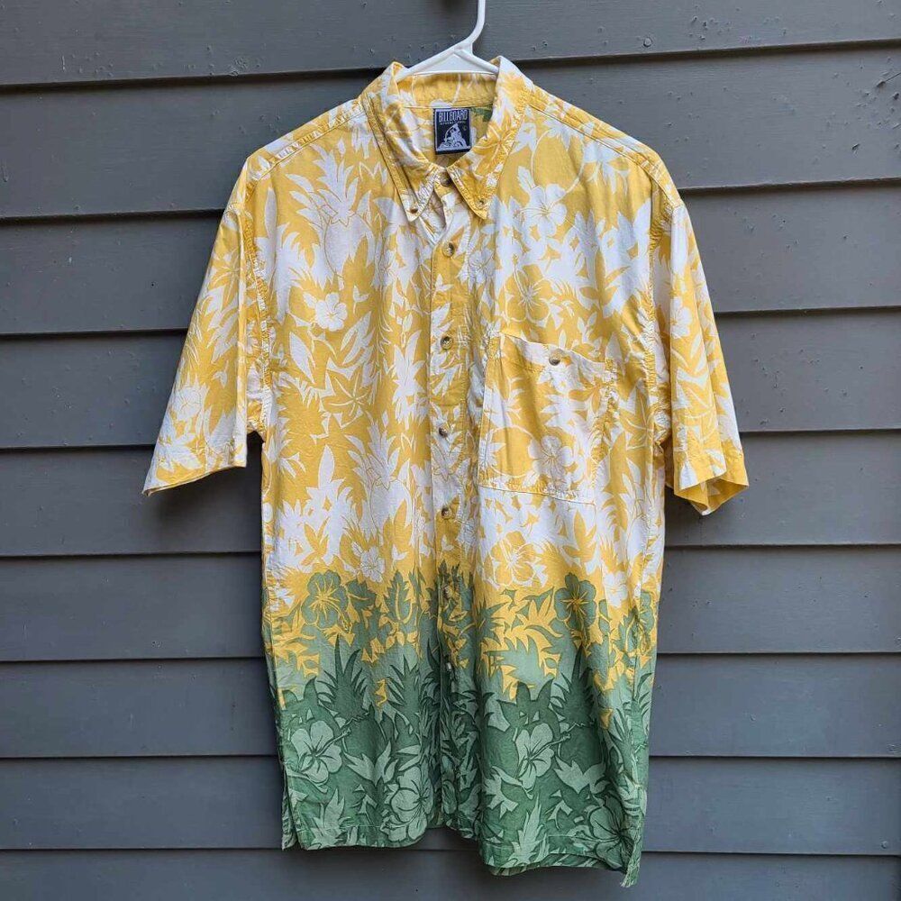 Men's Bill Board Yellow White Green Hawaiian Shirt size Large